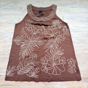 Y2K Tommy Hilfiger Floral Embroidered Tank Top Small Brown Tropical Whimsical